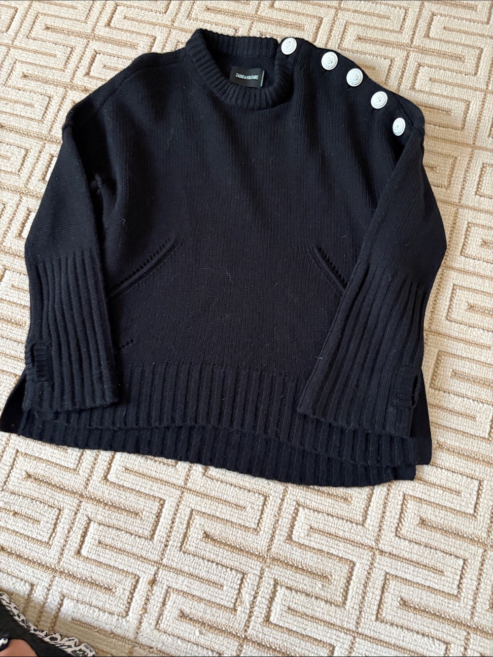Zadig & Voltaire Black Crewneck Sweater with Shoulder Buttons